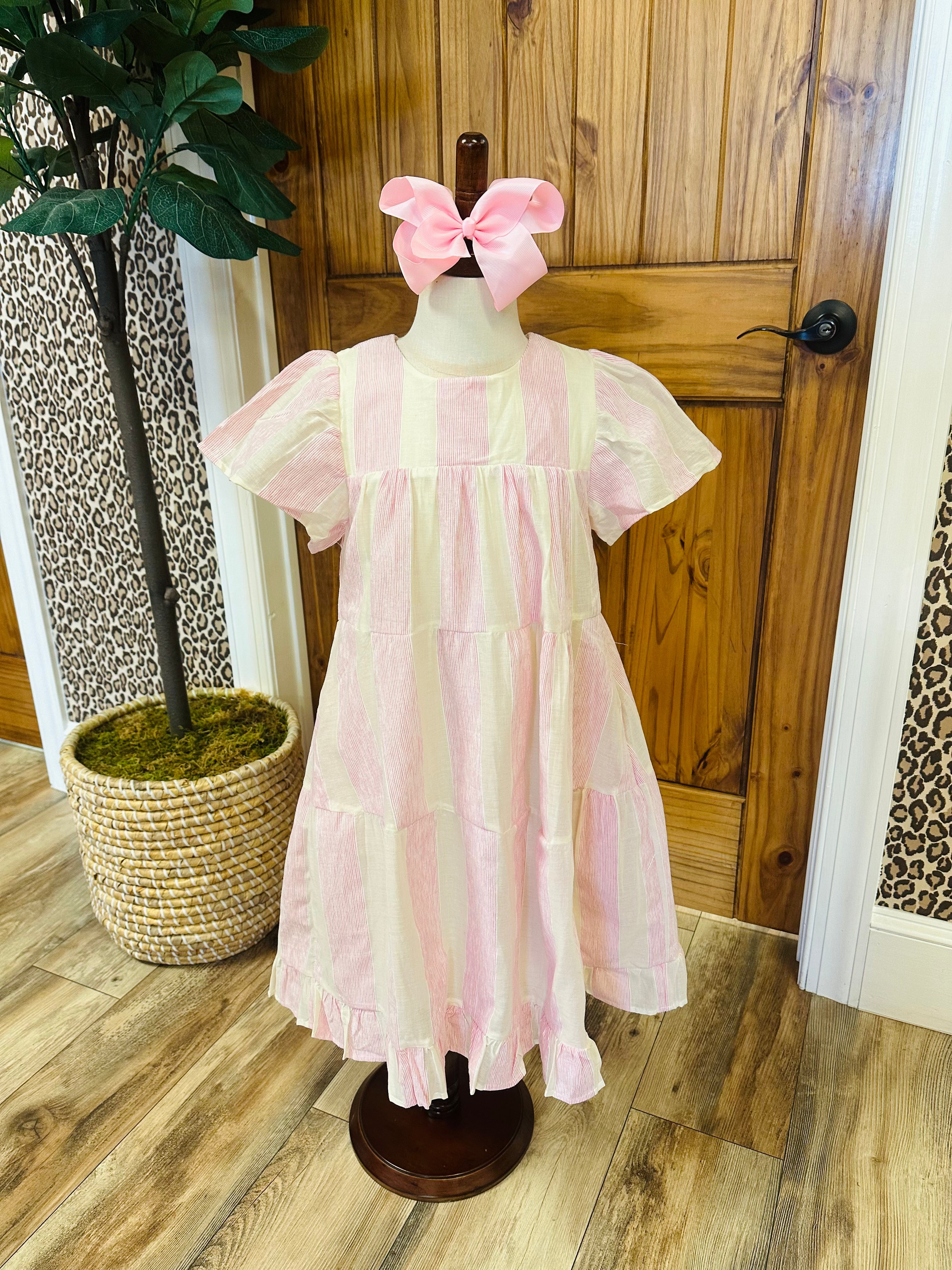 Girls Pink Stripe Dress with Flutter Sleeves