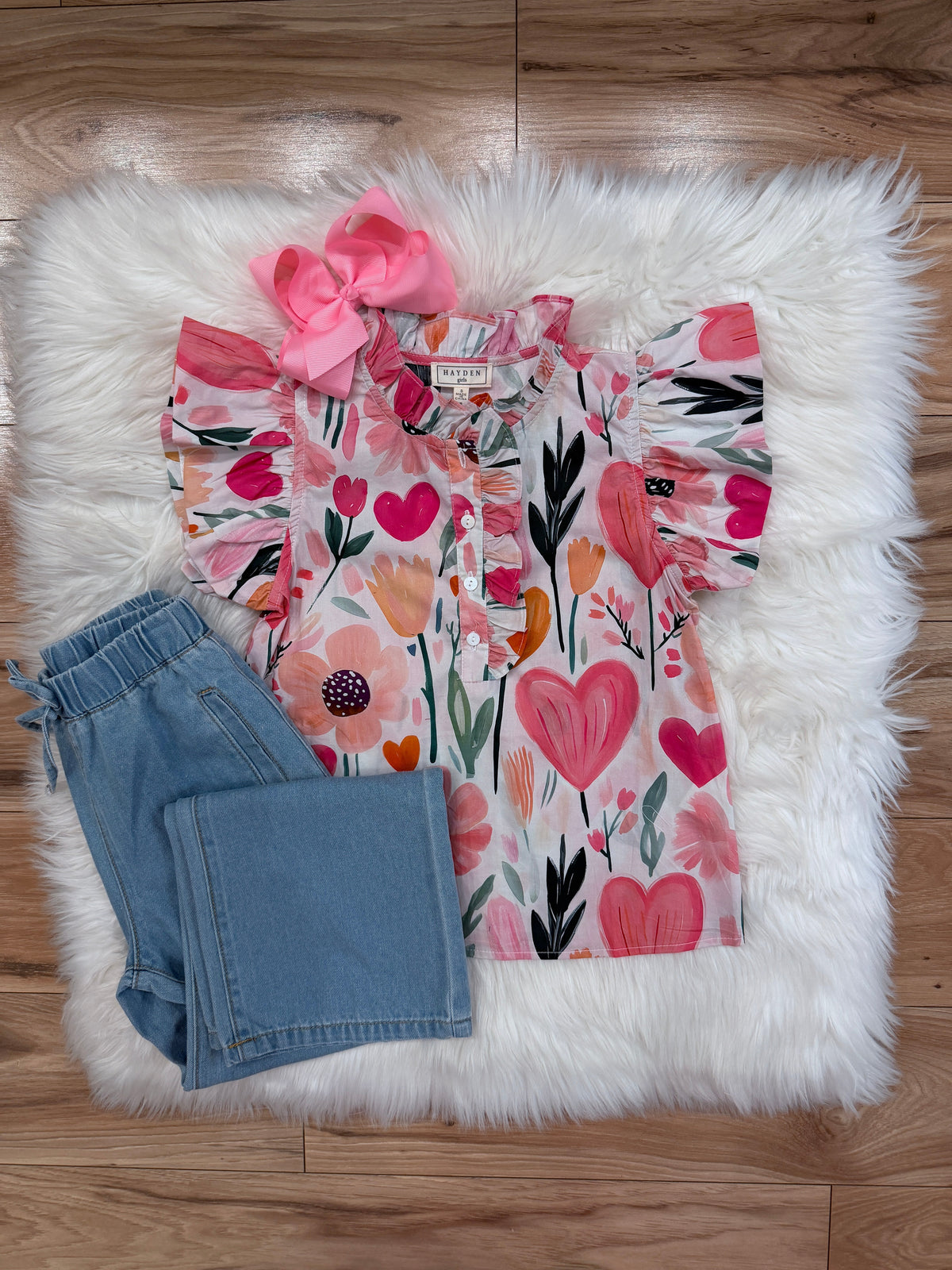 Girls Pink Tulip Print Ruffle Sleeve top