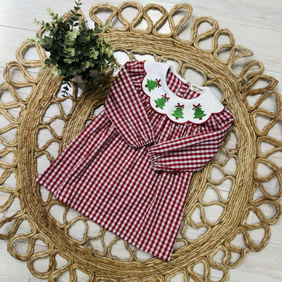 Girls Plaid Christmas Tree embroidered dress
