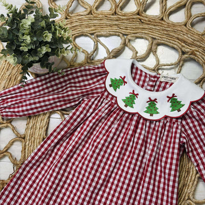 Girls Plaid Christmas Tree embroidered dress
