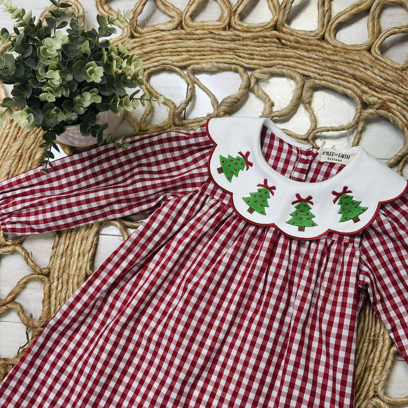 Girls Plaid Christmas Tree embroidered dress