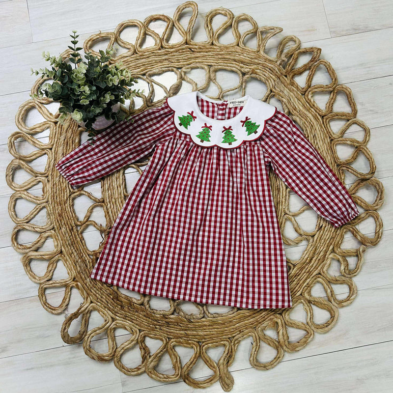Girls Plaid Christmas Tree embroidered dress