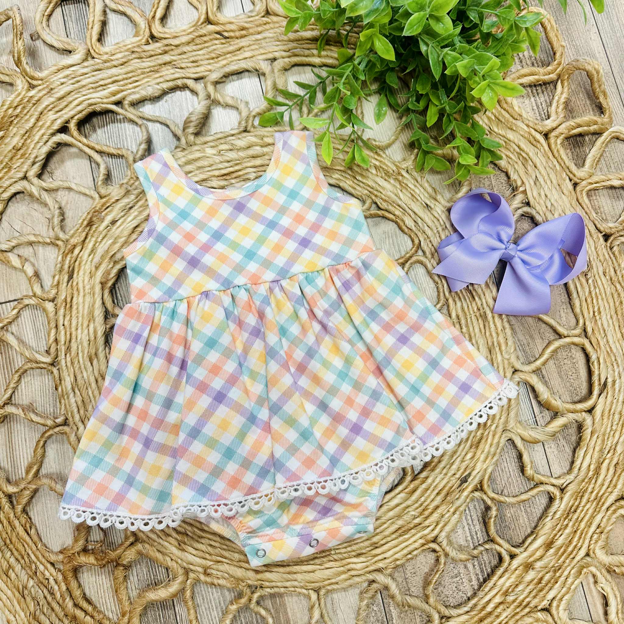 Girls Plaid Lace Trim Dress Romper