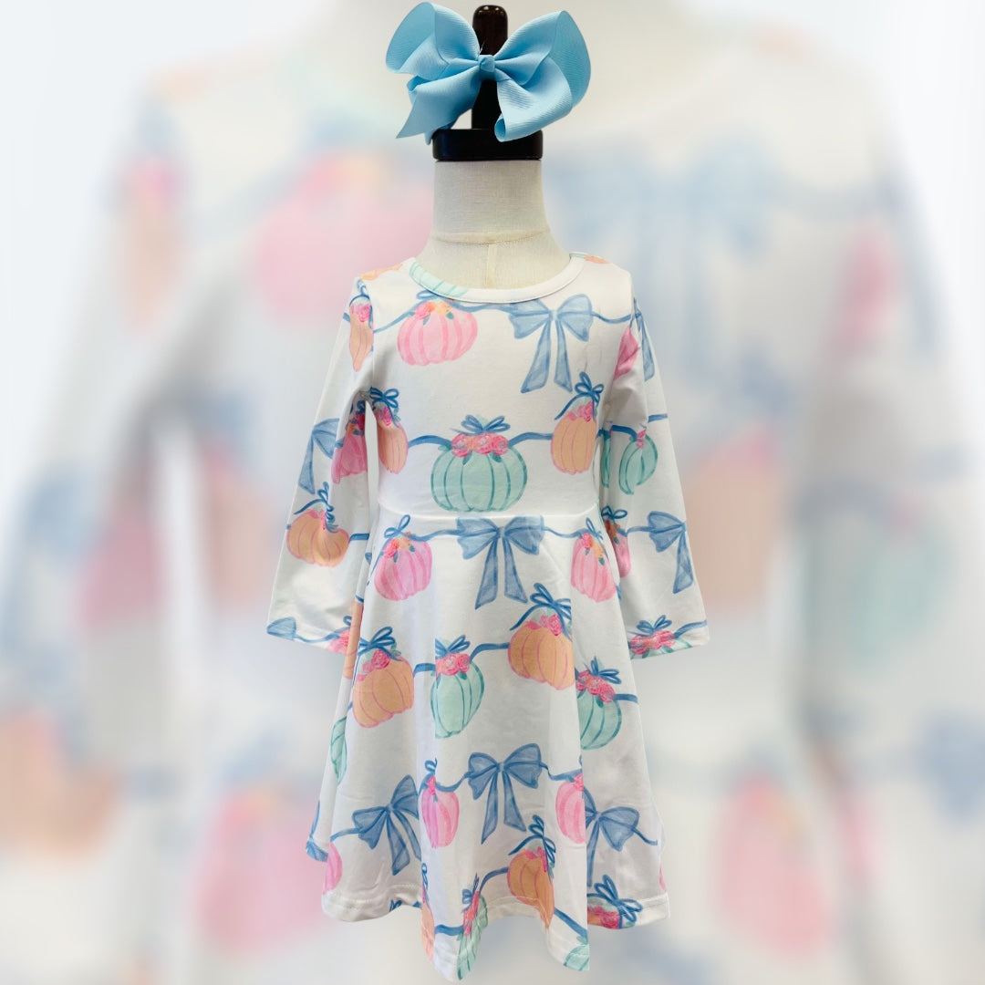 Girls Pumpkin Bow Print Dress Tween