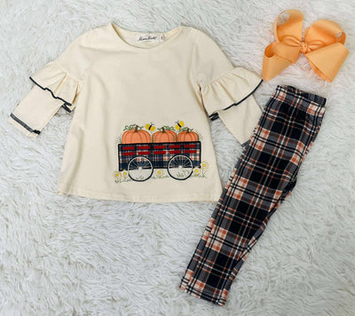 Girls Pumpkin Wagon Plaid leggings set