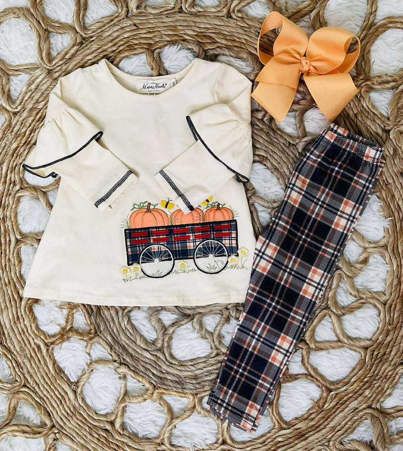Girls Pumpkin Wagon Plaid leggings set