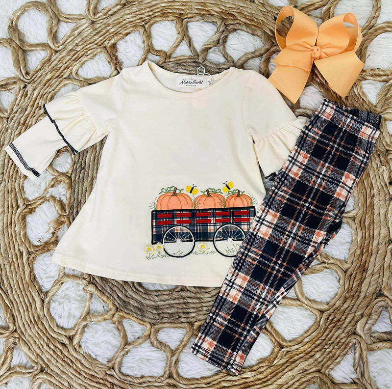 Girls Pumpkin Wagon Plaid leggings set