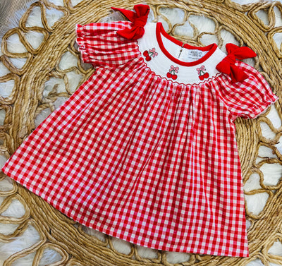 Girls Red Cherry Bow Plaid Smocking Embroidery Dress