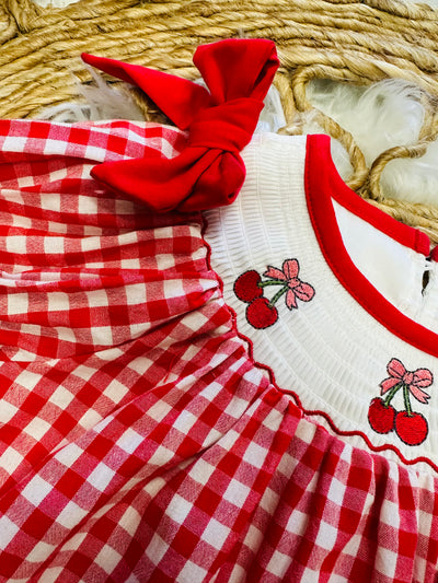 Girls Red Cherry Bow Plaid Smocking Embroidery Dress