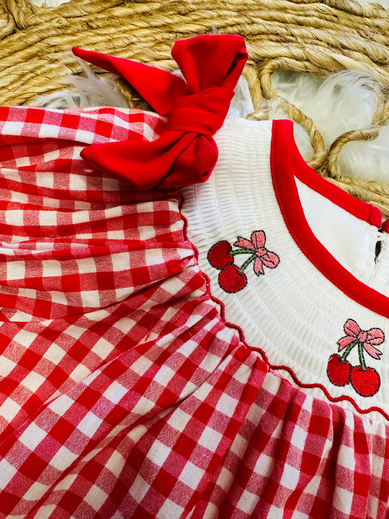 Girls Red Cherry Bow Plaid Smocking Embroidery Dress