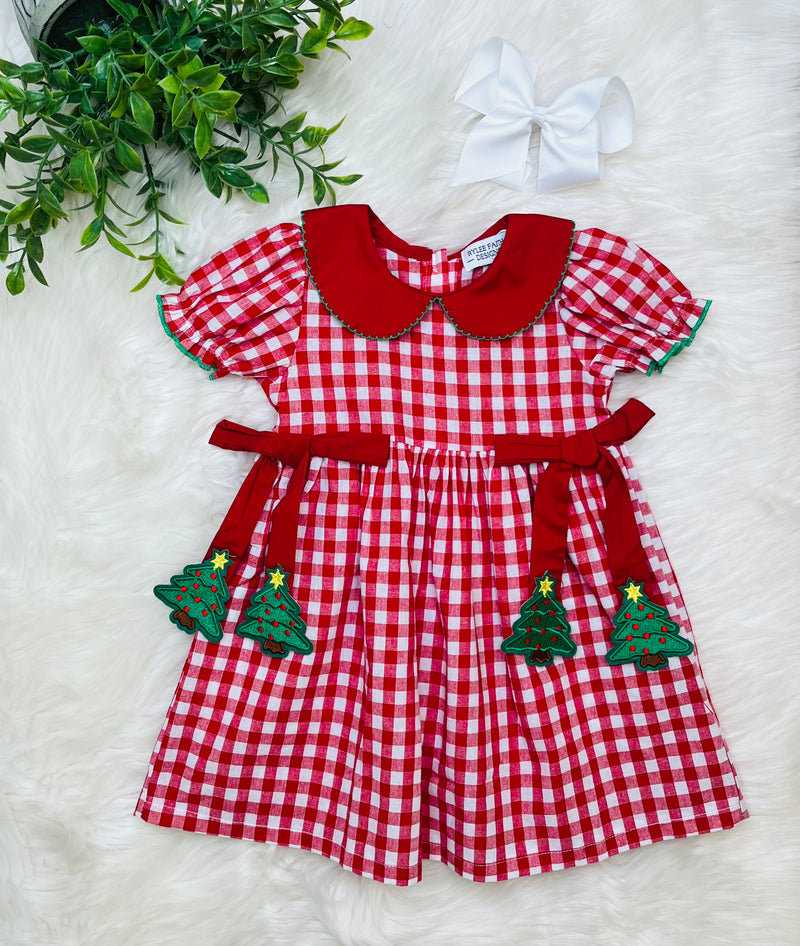 Girls Red Plaid Christmas Tree Dress