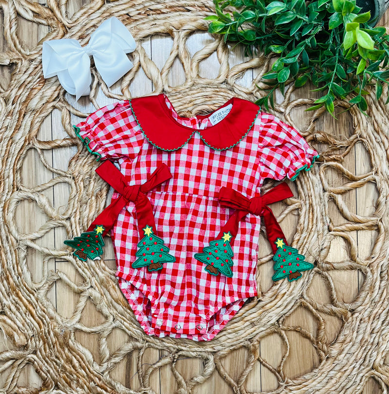 Girls Red Plaid Christmas Tree Romper