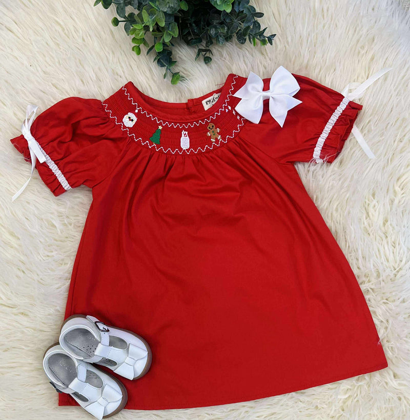 Girls Red Smocked Christmas Dress