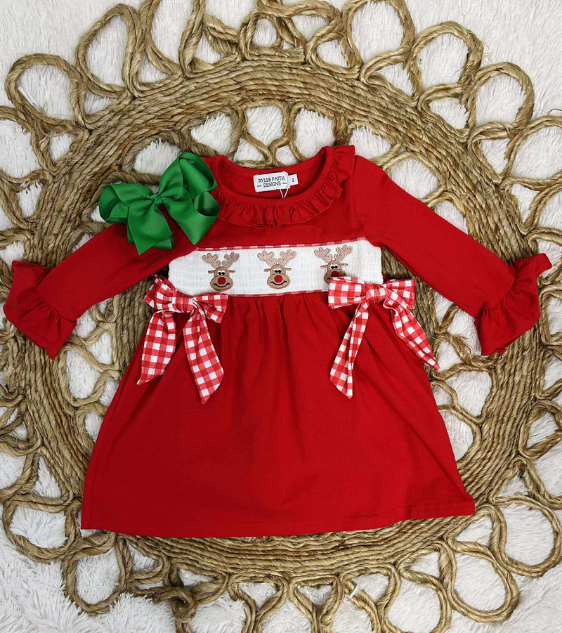 Girls Red Smocking Reindeer Holiday Dress