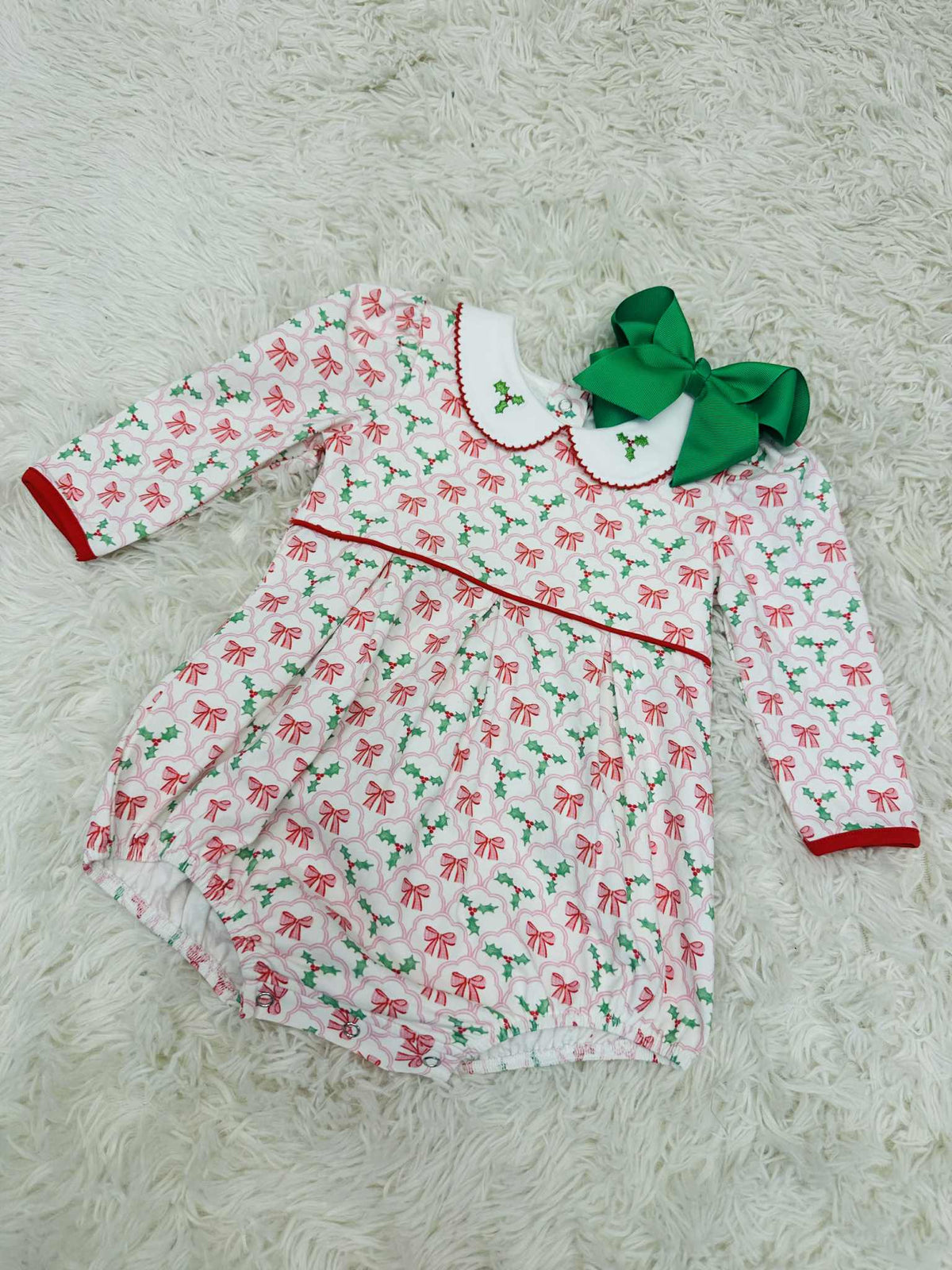 Girls Red and Green Bow Bubble Romper Christmas