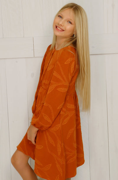 Girls Rust Embroidery Button Dress