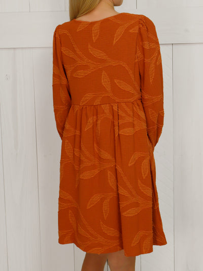 Girls Rust Embroidery Button Dress