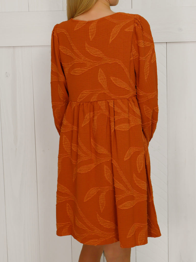 Girls Rust Embroidery Button Dress