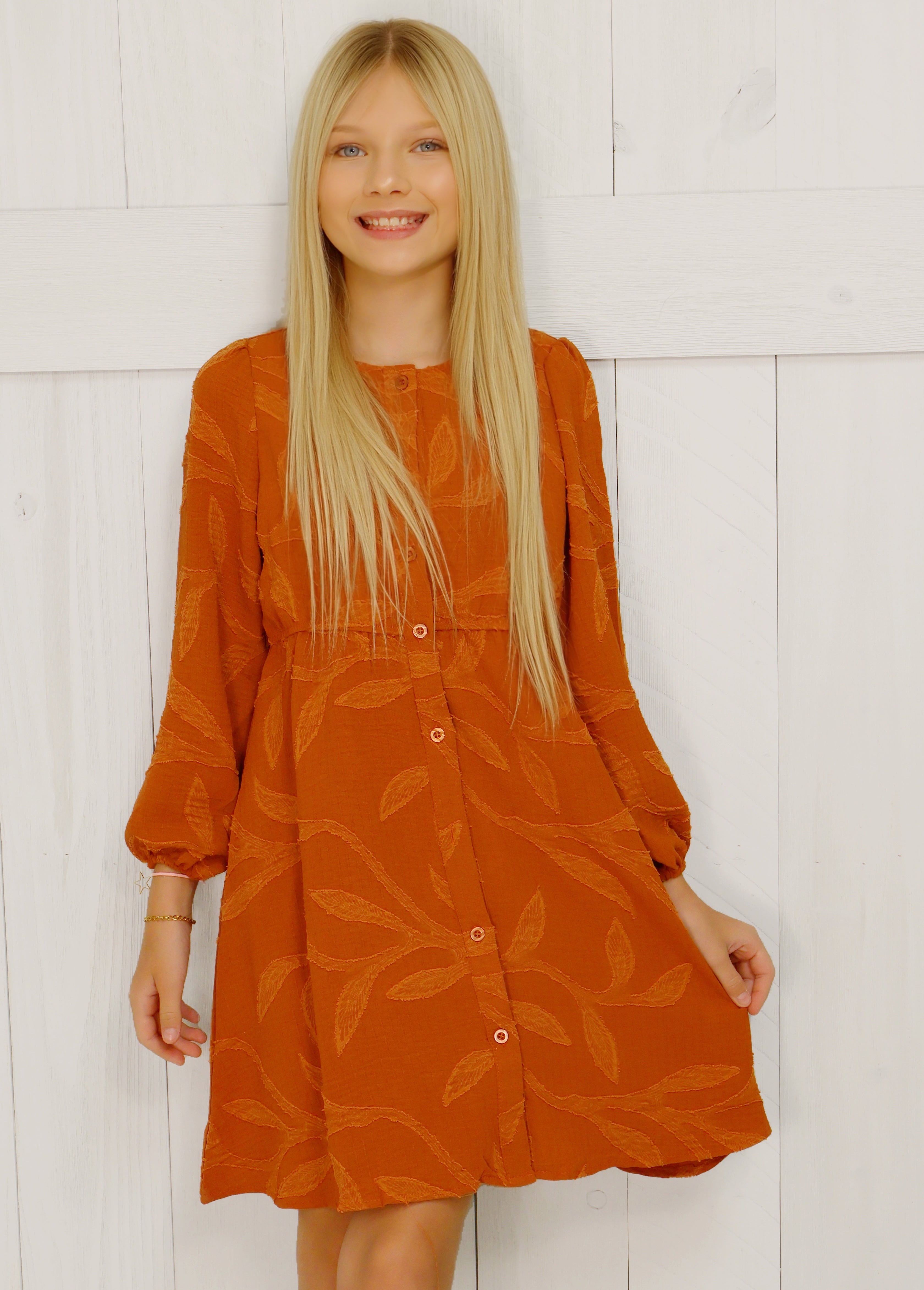 Girls Rust Embroidery Button Dress Tween