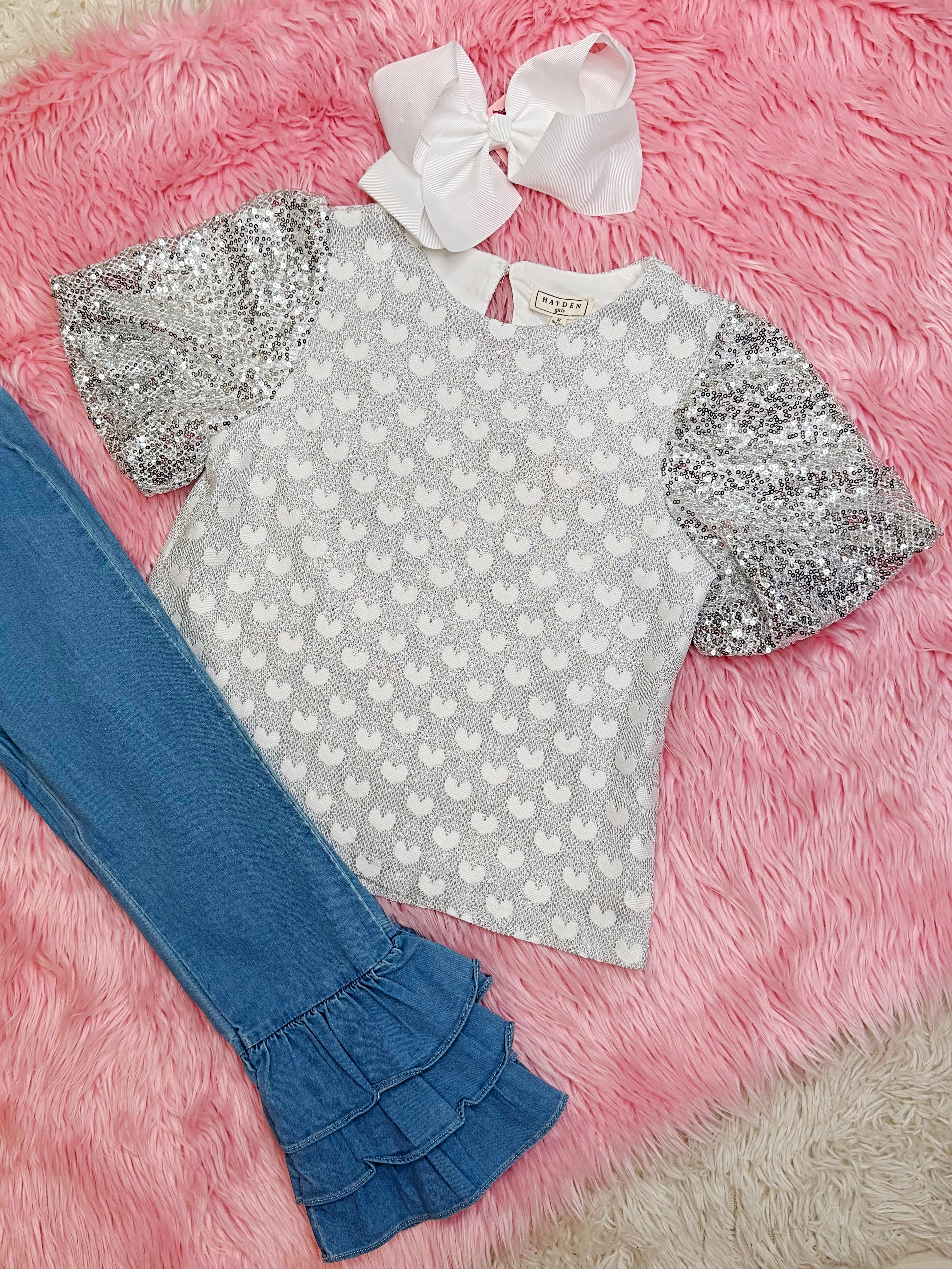 Girls Silver Sequin Sleeved Top Hearts