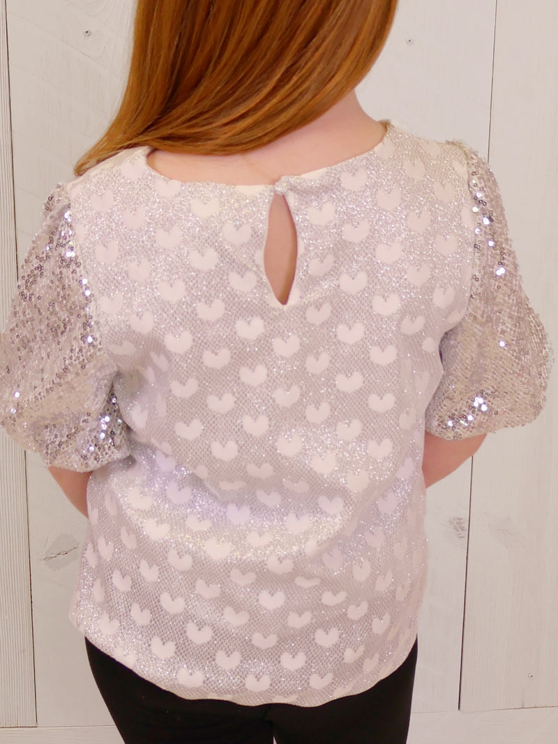 Girls Silver Sequin Sleeved Top