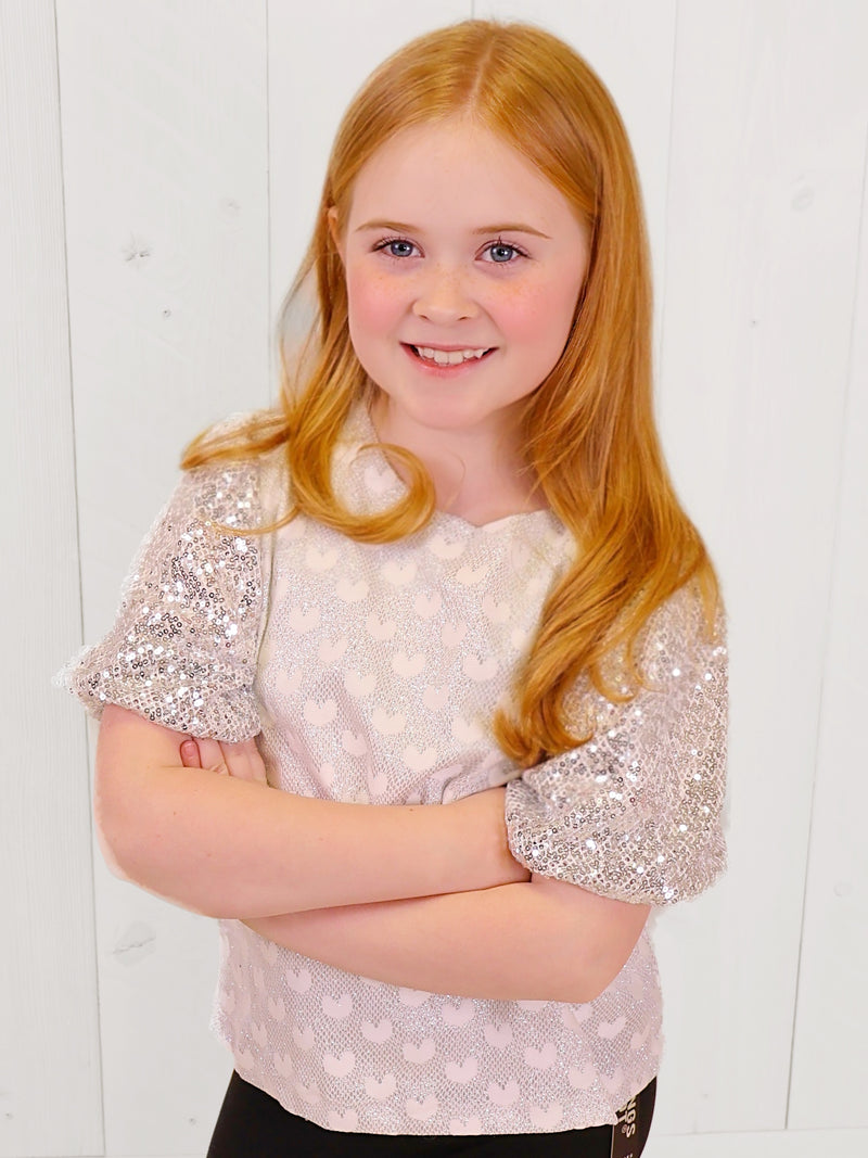 Girls Silver Sequin Sleeved Top