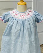 Girls Smocked Bow Seersucker Dress