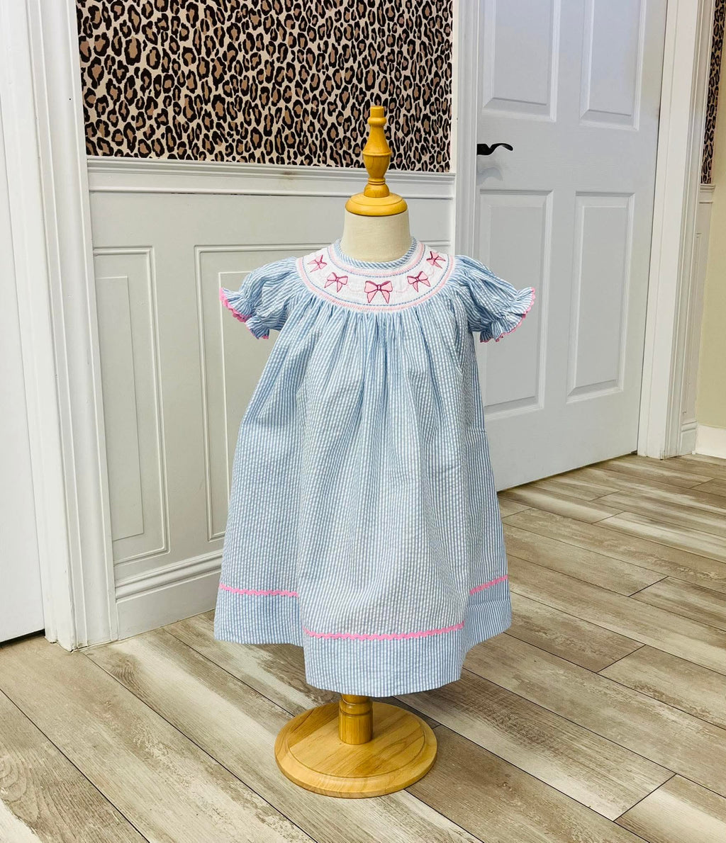 Girls Smocked Bow Seersucker Dress