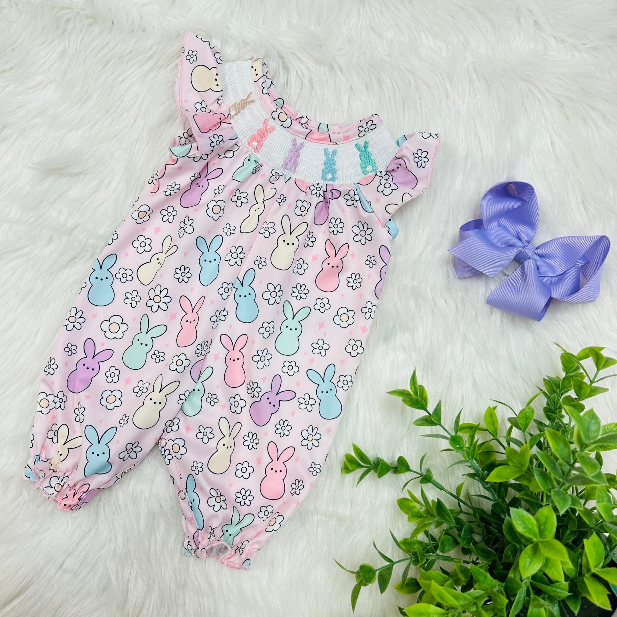 Girls Smocked Easter Bunny Romper