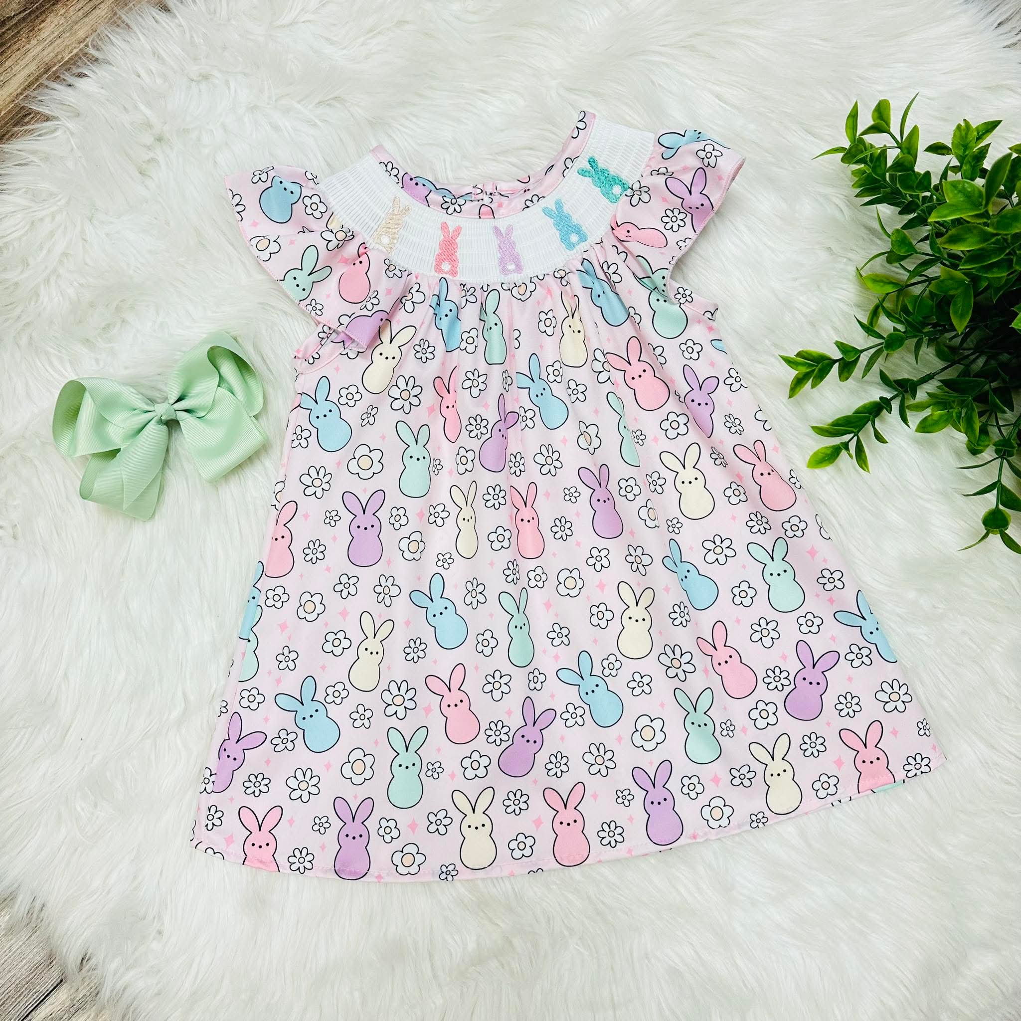Girls Smocked Pastel Easter Bunny Dress