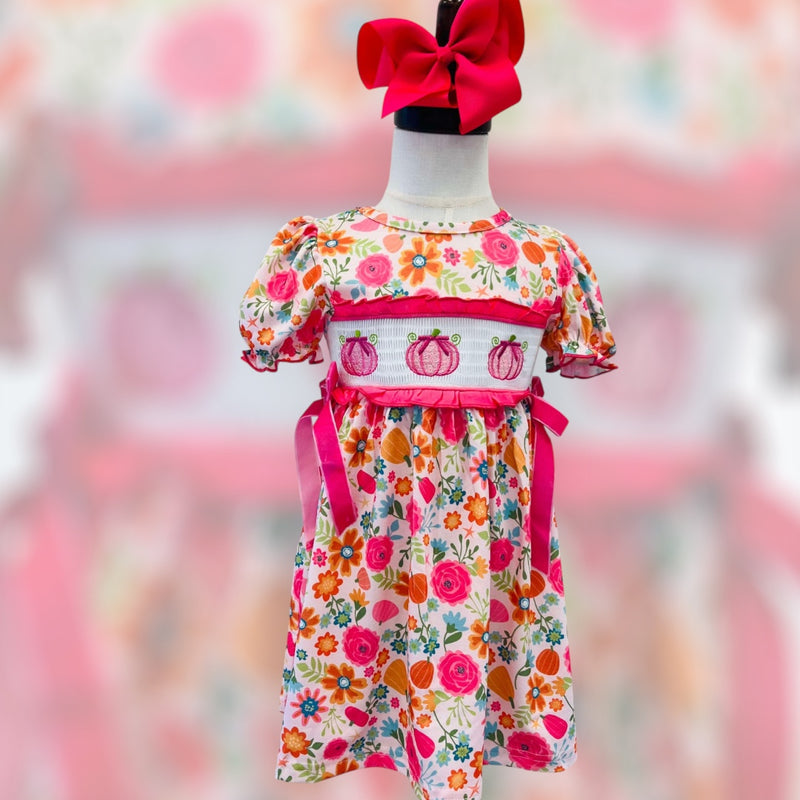 Girls Smocked Pumpkin Bow Dress