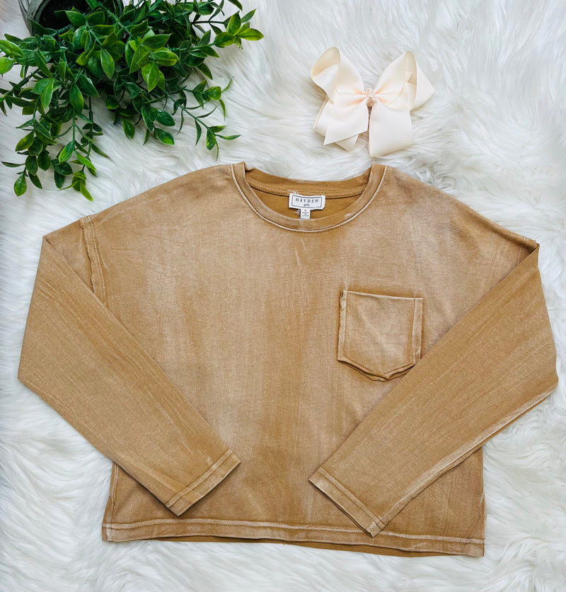 Girls Taupe Washed Pocket Long Sleeve Top