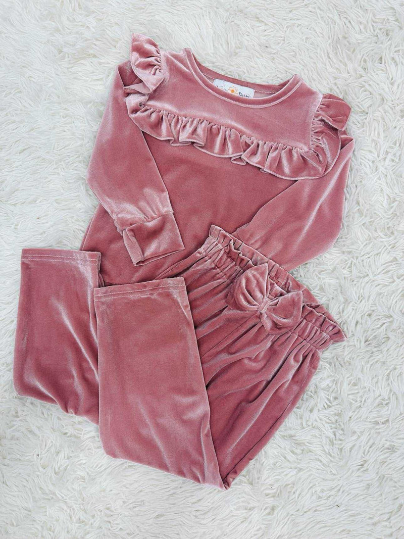 Girls Velvet Ruffle Bow Pant Set