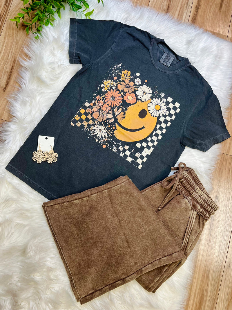 Gray Floral Smiley Face Tee