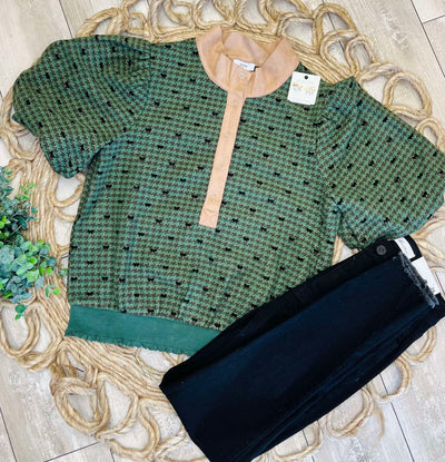 Green Houndstooth Puff Sleeve Top
