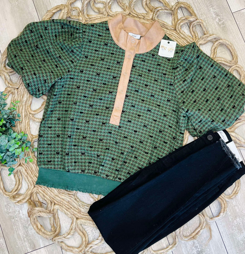 Green Houndstooth Puff Sleeve Top