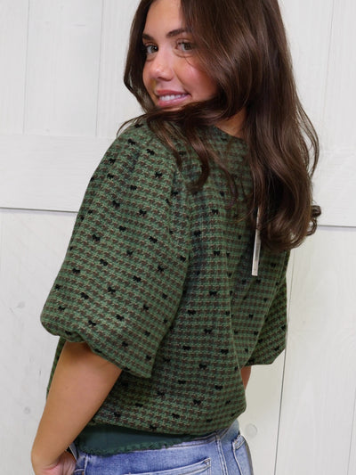 Green Houndstooth Puff Sleeve Top