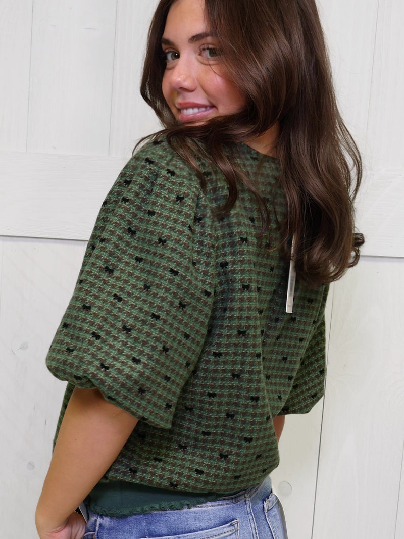 Green Houndstooth Puff Sleeve Top