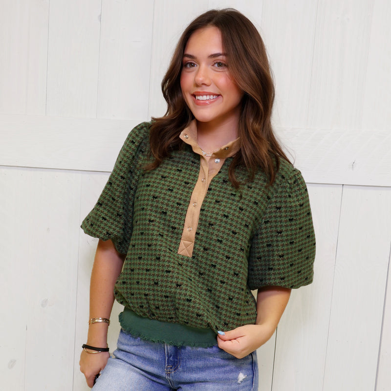 Green Houndstooth Puff Sleeve Top