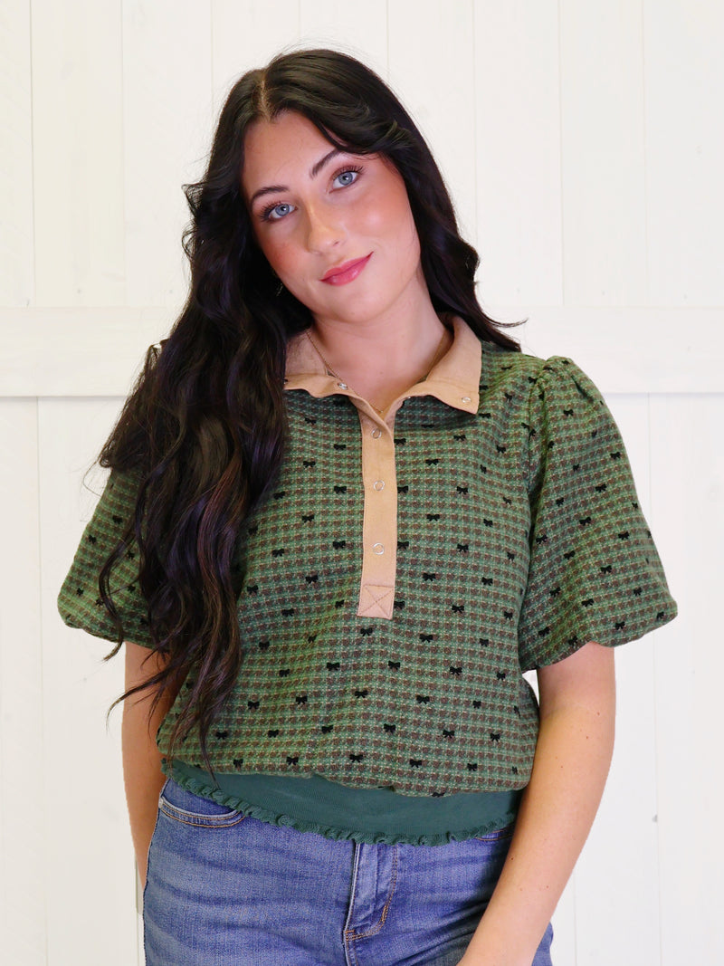 Green Houndstooth Puff Sleeve Top