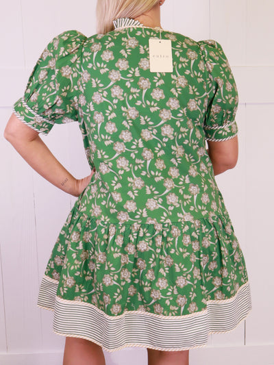 Green Split Neck Floral Button Dress