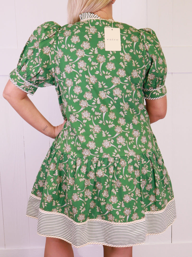 Green Split Neck Floral Button Dress