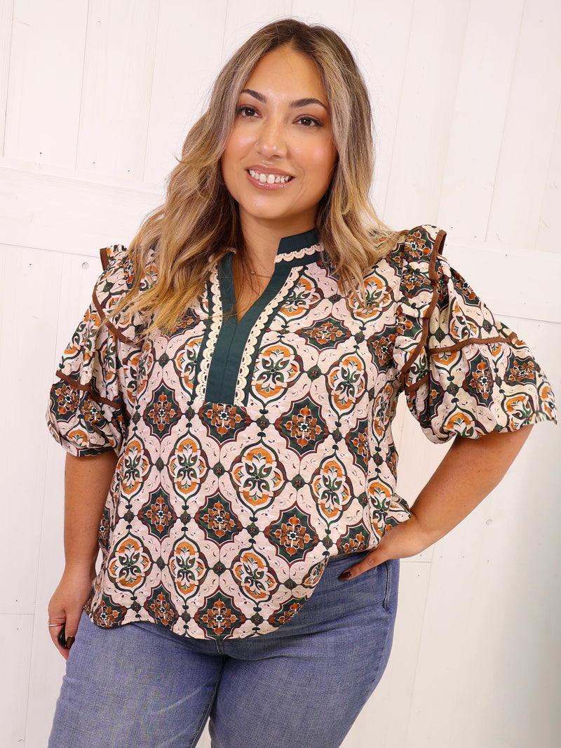 Green and Camel Contrast V Neck Mixed Print Top