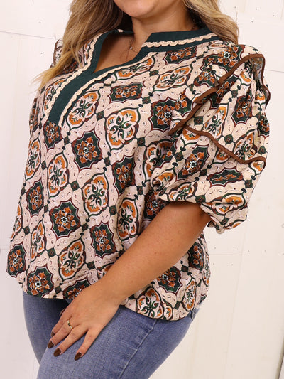 Green and Camel Contrast V Neck Mixed Print Top