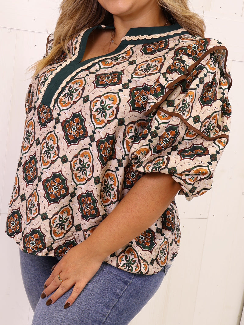 Green and Camel Contrast V Neck Mixed Print Top