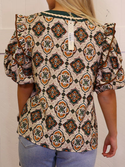 Green and Camel Contrast V Neck Mixed Print Top