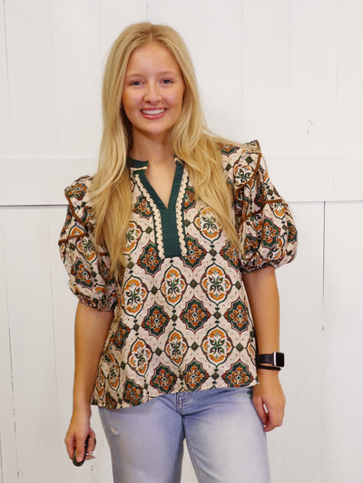 Green and Camel Contrast V Neck Mixed Print Top