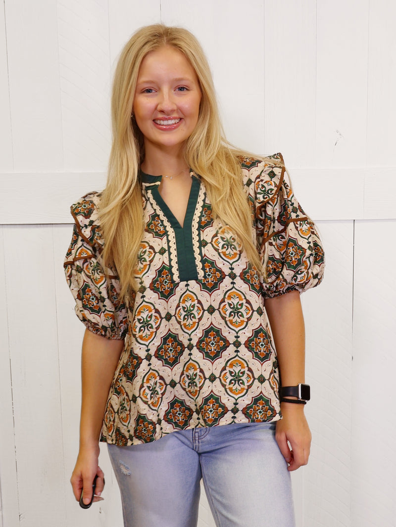 Green and Camel Contrast V Neck Mixed Print Top