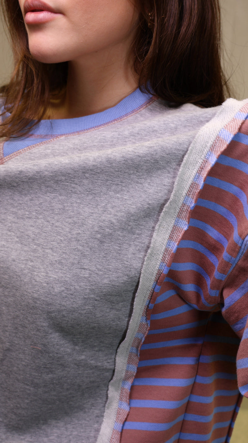 Grey Stripe with red accent Pullover Top