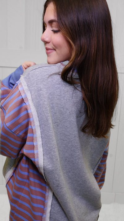 Grey Stripe with red accent Pullover Top